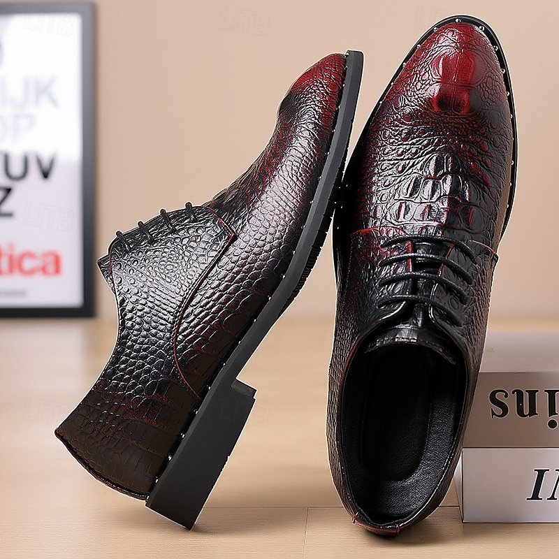 Men's Red and Black Crocodile Pattern Faux Leather Dress Shoes - Lace-Up Formal Oxfords with Embossed Design, Perfect for Business, Weddings, and Special Occasions4