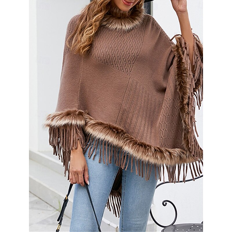 Women's Cloak / Capes Outdoor Street Daily Wear Fall Winter Regular Coat Regular Fit Thermal Warm Breathable Stylish Casual Jacket Long Sleeve Plain Tassel Fringe Faux Fur Trim Red Apricot Coffee