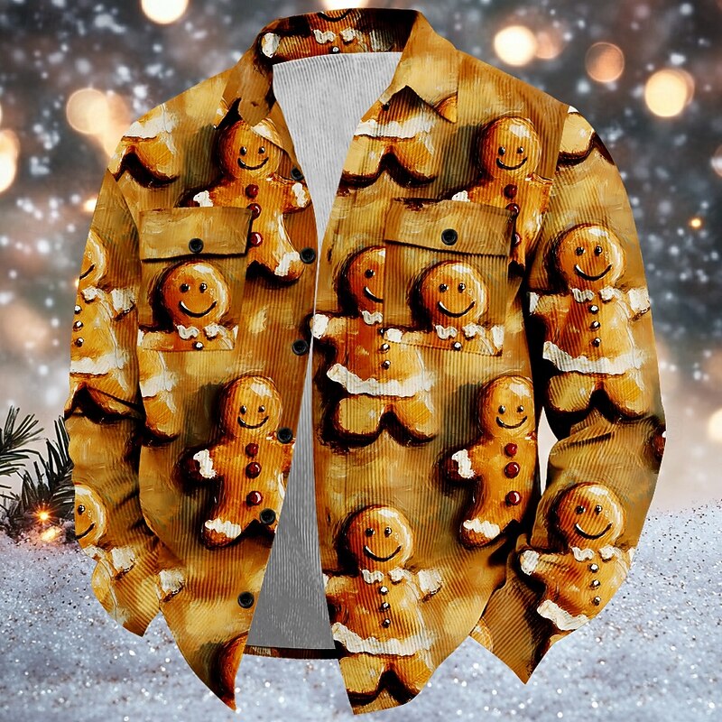 Christmas Men's Gingerbread Shirt Corduroy Shirt Shirt Jacket Long Sleeve Ugly Casual Event / Party Dailywear Fall & Winter Turndown Collared Shirts Buttons 3D Print 2 Pockets 1pc Brown