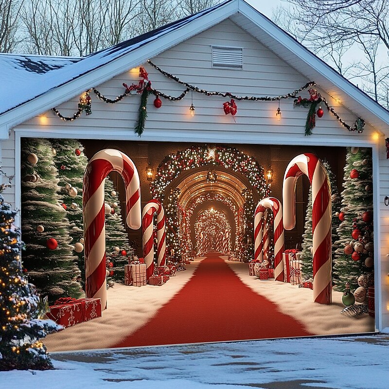 Christmas Door Decorations Garage Door Cover Xmas Candy Canes Gifts Gingerbread Outdoor Banner Large Christmas Backdrop for Holiday Outdoor Garage Door Home Wall Decorations 11