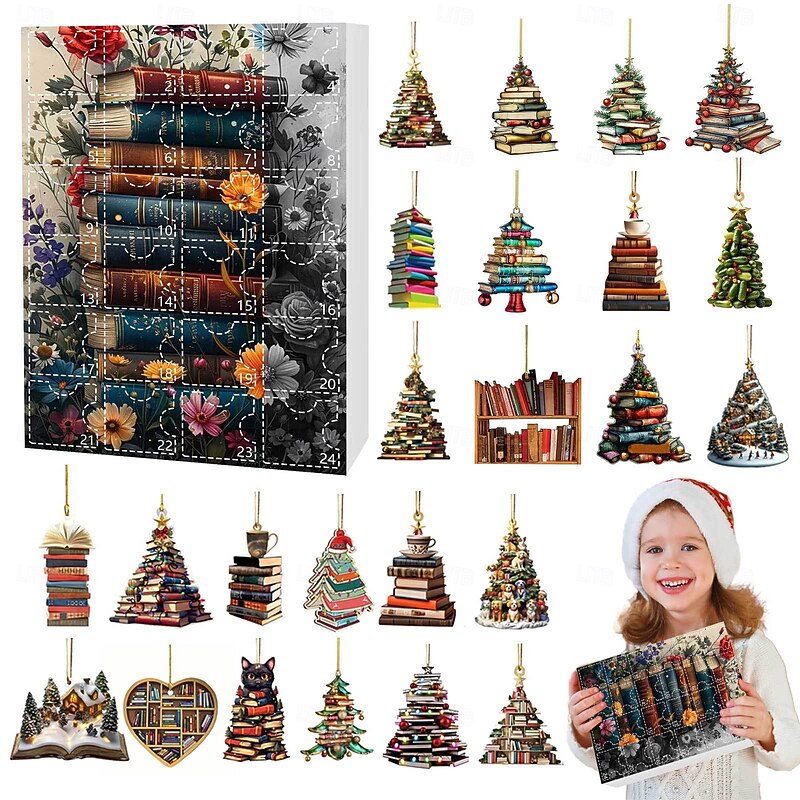 Christmas Advent Calendar Ornaments,2D Acrylic Books Lover Ornaments 24pcs Christmas Ornament Kit Gift 24 Days Countdown Mini Hanging Tree Xmas Ornaments for Christmas Party Decorations4