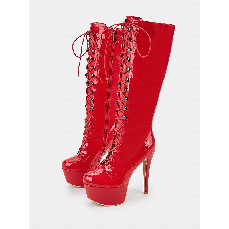 Women's Red Patent Leather Platform Lace-Up Knee-High Boots – Sexy Gothic Stiletto Heels for Clubwear, Cosplay, and Party Events2