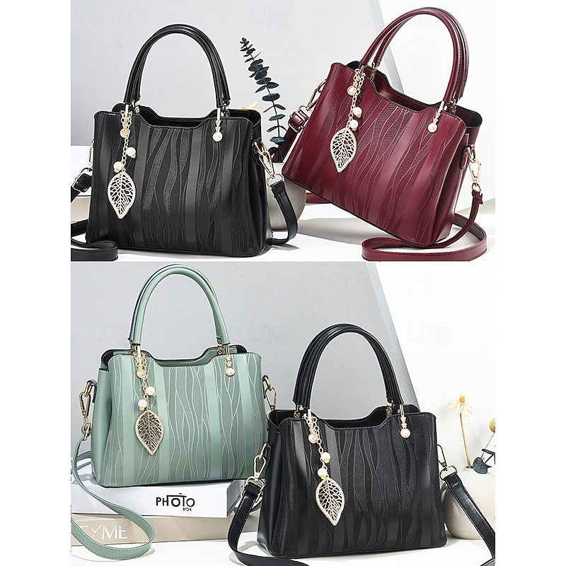 Women's Burgundy Handbag with Embossed Pattern and Pearl Leaf Charm – Stylish Shoulder and Tote Bag for Office, Daily, and Evening Use2