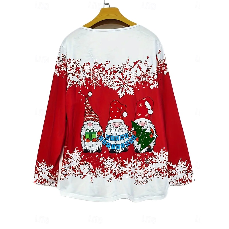 Women's Tunic Top V-Neck Snowflake Gnome Print Long Sleeve Casual Holiday Wear Red White Stretch Fabric Relaxed Fit Comfortable Seasonal Shirt2