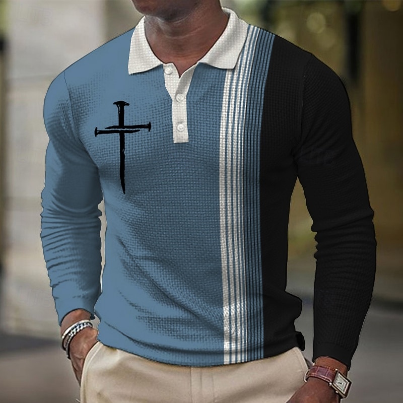 Men's Faith Waffle Polo Shirts Long Sleeve Polo Shirts Collar Vintage Casual Vacation Party Evening Wear Dailywear Buttons 3D Print Spring Fall Winter Black Yellow Blue