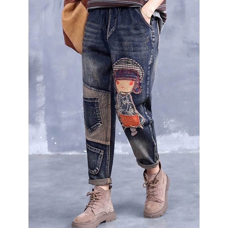 Women's Jeans Harem Pants Vintage Streetwear Mid Waist Embroidered Pocket Drawstring Micro-elastic Street Casual Blue Fall & Winter Regular Fit