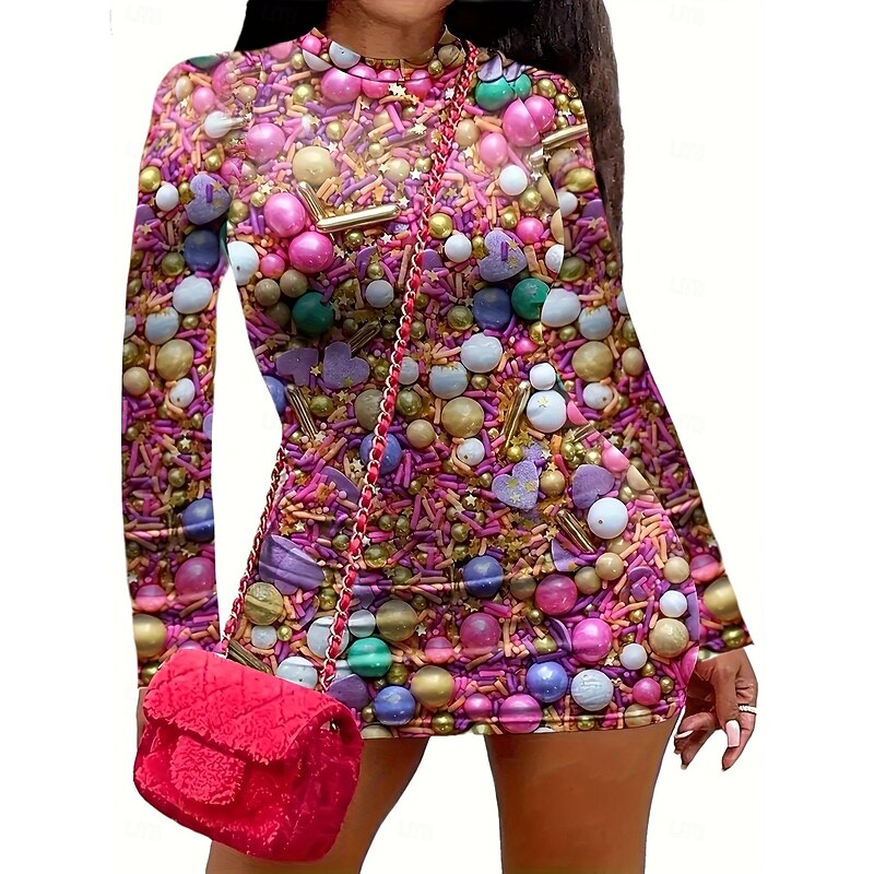 Women's Knit Dress Graphic Print Crew Neck Mini Dress Stylish Daily Vacation Long Sleeve Fall2