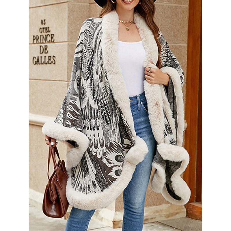 Women's Fleece Jacket Teddy Coat Cloak / Capes Warm Breathable Patchwork Faux Fur Trim Fleece Lined Casual Color Block Vacation Street Daily Wear Going out Open Front Regular Collarless Regular Fit