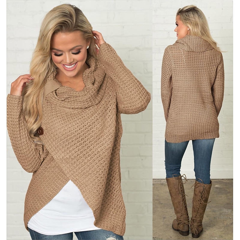 Women's Pullover Sweater Jumper Turtleneck Knit Button Knitted Fall Winter Outdoor New Year Fashion Casual Soft Long Sleeve Solid Color Khaki2