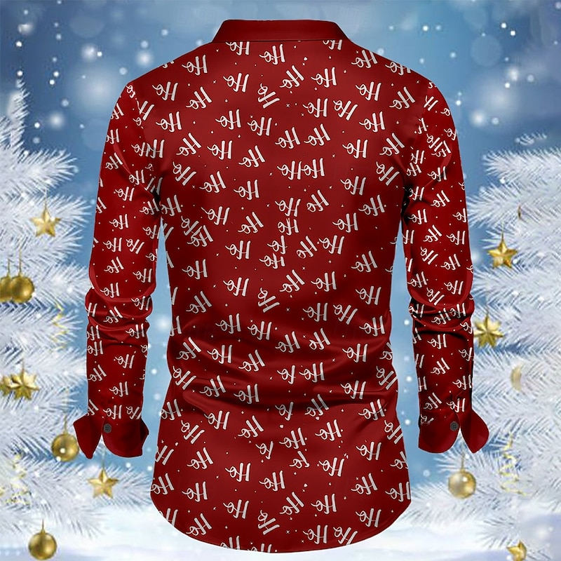 Christmas Men's Christmas tree Printed Shirts Text Fashion Casual Dress Button Up Long Sleeve Party Evening Dailywear Vacation Summer Spring Fall Collared Shirts 3D Print Thin Red Satin2