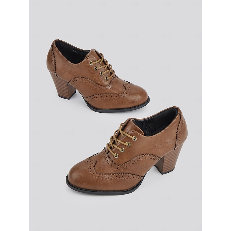 Women's Vintage Lace-Up Brogue Oxford Shoes – Brown Faux Leather Block Heel Dress Shoes for Formal and Casual Occasions4