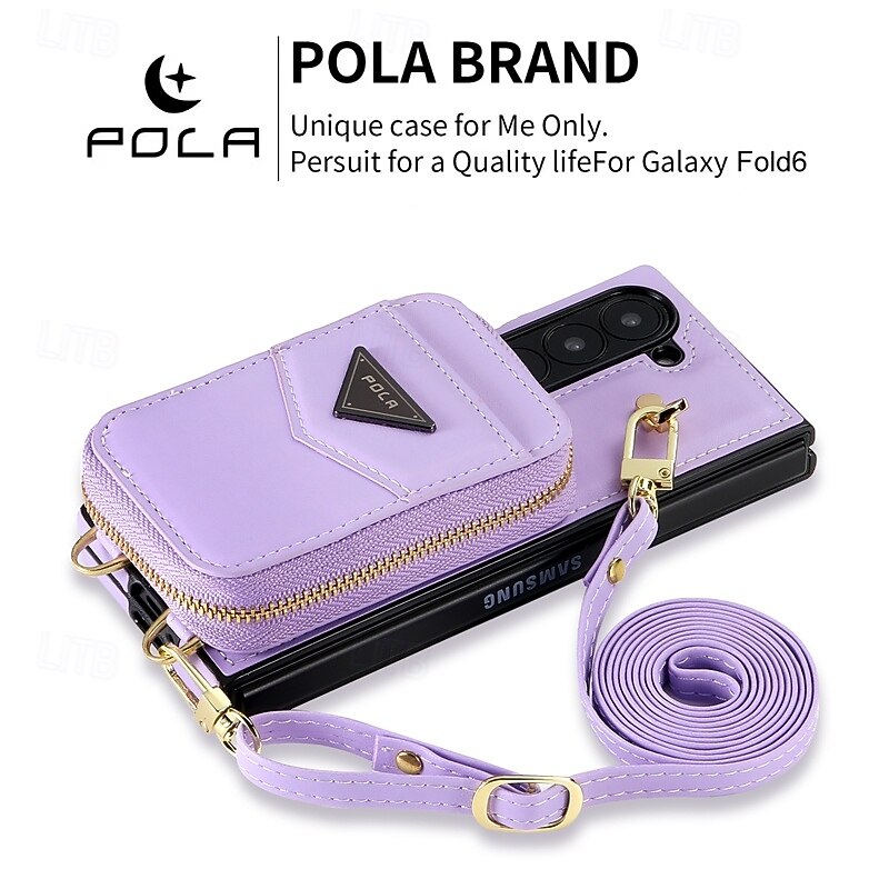 Phone Case For Z Fold 6 Back Cover Zipper with Lanyard with Wrist Strap Retro TPU PU Leather3