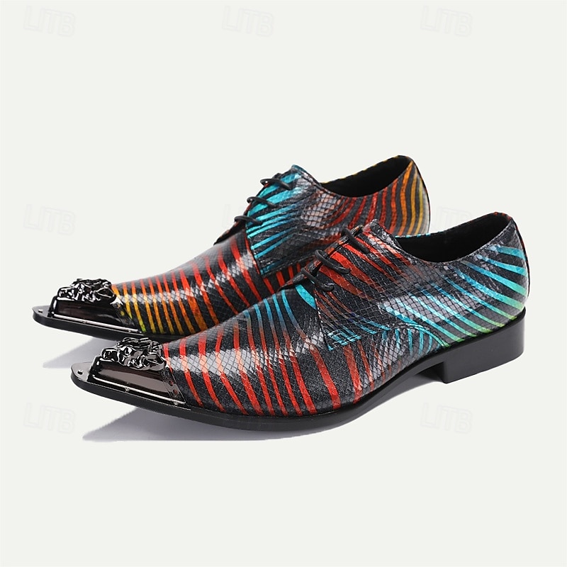 Men's Multicolor Snakeskin Leather Dress Shoes – Pointed Toe Lace-Up Shoes with Metal Tip for Formal and Fashion-Forward Occasions2