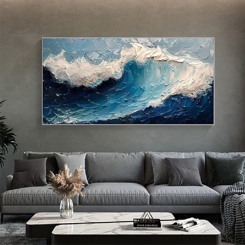 Handmade 3D Ocean oil painting handmade Wall Art Blue Huge Wave Oil Painting On Canvas Handpainted Sea Waves 3D Textured Abstract Painting Beach Landscape Sky oil painting for Living Room bedroom3