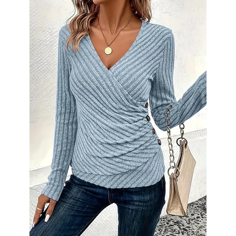 Women's Shirt Blouse Solid Color Basic Casual Long Sleeve V Neck Regular Tops Daily Patchwork Buttons Pink Blue Fall Winter