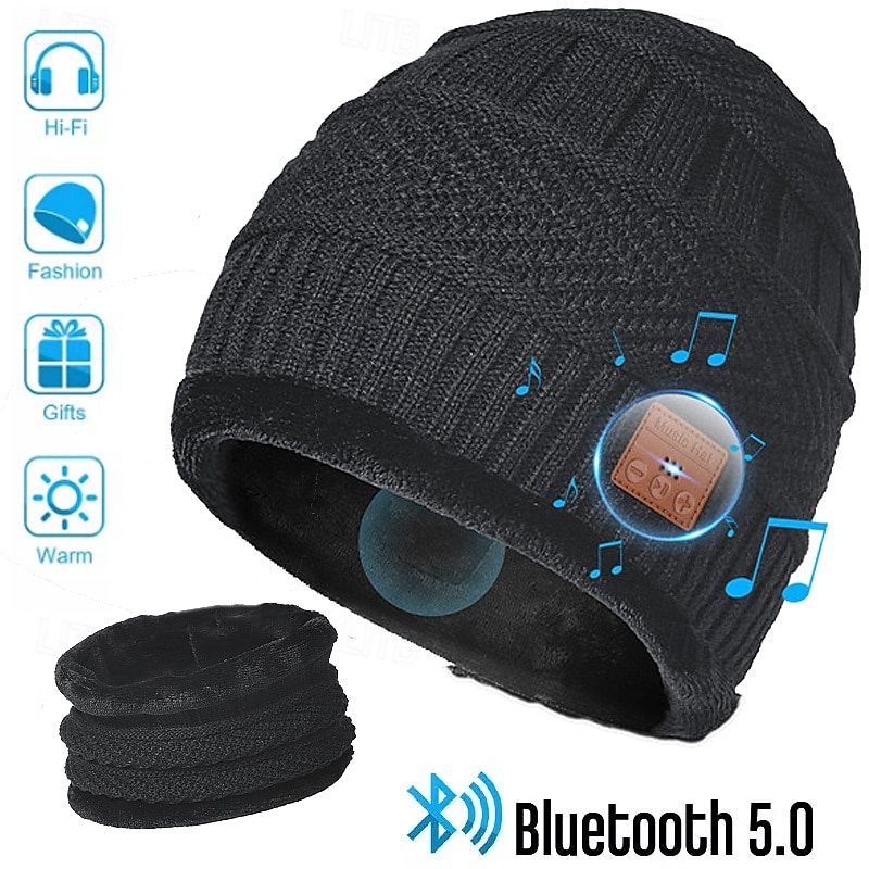 Bluetooth Beanie with Scarf Bluetooth Rechargeable Knit Cap with Wireless Hands Free Head Hat Christmas Gift for Men and Women