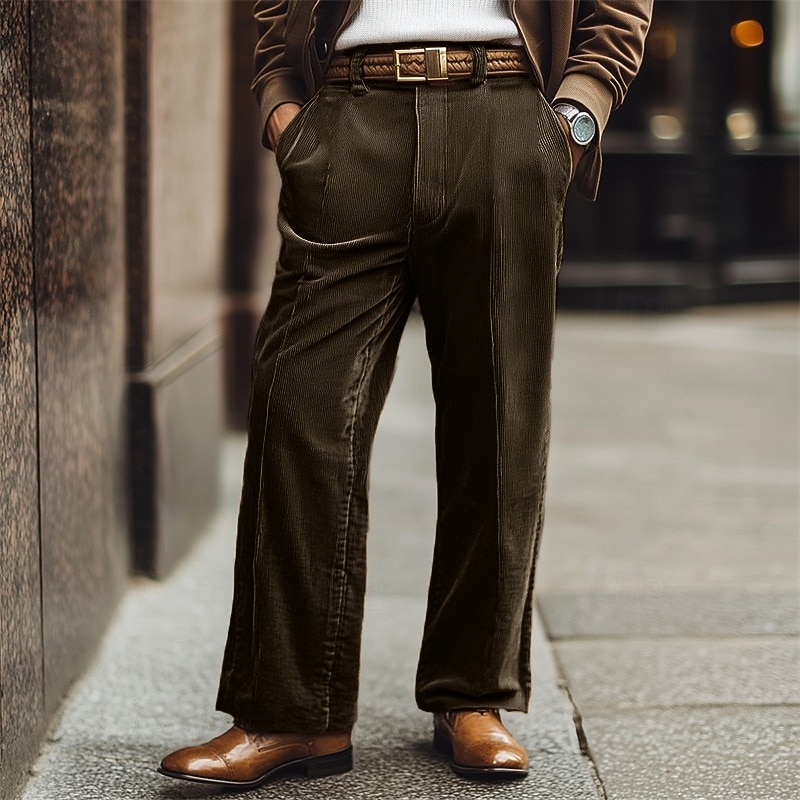 Men's Dress Pants Corduroy Pants Trousers Baggy Pants Pleated Pants Pocket Straight Leg Plain Comfort Soft Full Length Party Business Daily Fashion Streetwear Black Navy Blue