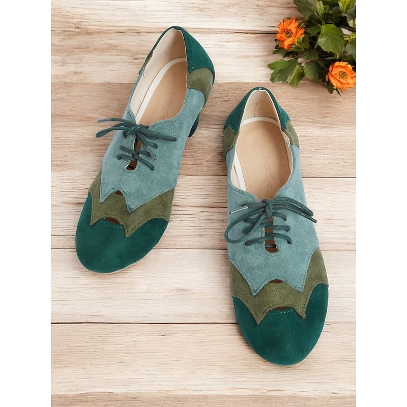 Vintage Two-Tone Faux Suede Lace-Up Women's Oxford Shoes – Retro-Inspired Green and Teal Block Heel Shoes for Casual and Office Wear2