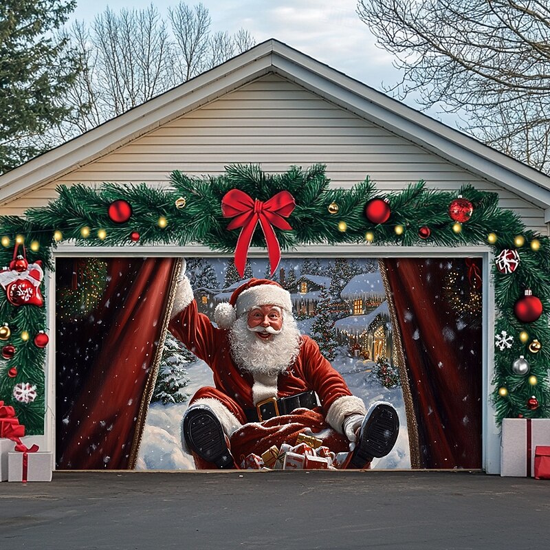 Christmas Door Decorations Garage Door Cover Santa Claus Xmas Outdoor Banner Large Christmas Backdrop for Holiday Outdoor Garage Door Home Wall Decorations