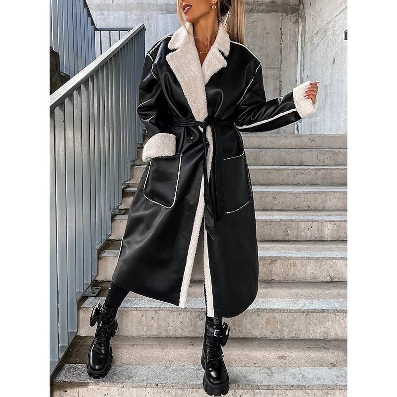 Women's Faux Leather Jacket Winter Coat Winter Jacket Windproof Warm Work Street Daily Wear Vacation Pocket Single Breasted Turndown Casual Street Style Solid Color Loose Fit Outerwear Long Sleeve