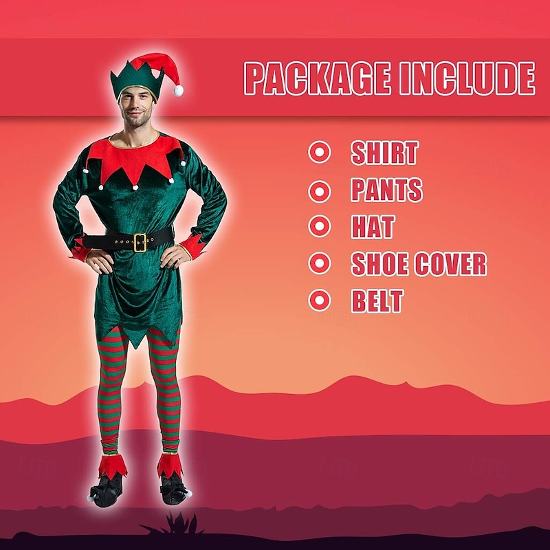 Elf Outfits Fancy Costume Christmas Costume Men's Women's Cosplay Costume Adults Christmas New Year Christmas Eve Christmas Party Top Belt Socks Shoes Hat4