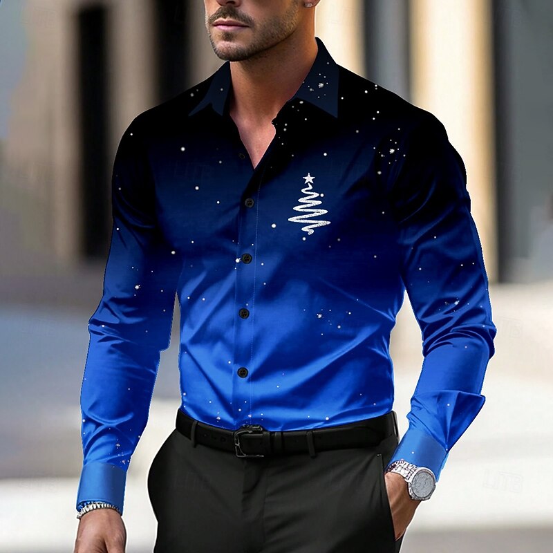 Christmas Men's Tree Shirt Dress Shirt Button Up Shirt Long Sleeve Casual Party Evening Wear Daily Fall Winter Spring & Summer Shirt Collar Button Up 3D Print Light Blue Violet Red Blue Green