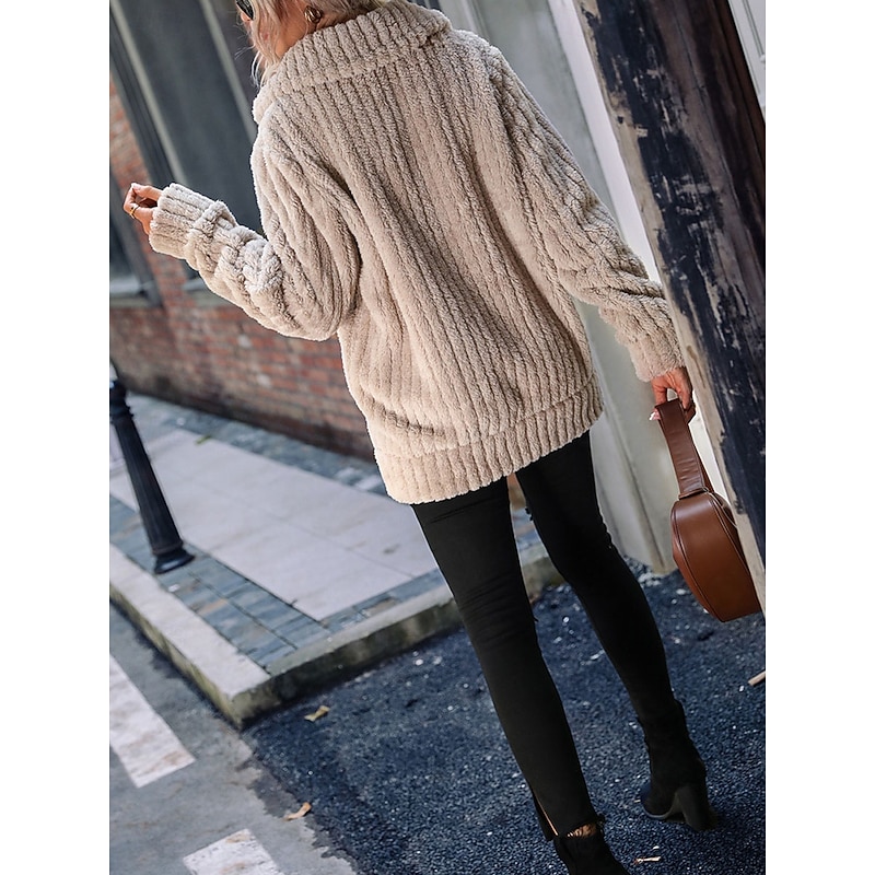 Women's Fleece Jacket Teddy Coat Warm Breathable Zipper Pocket Fleece Lined Casual Plain Vacation Street Daily Wear Going out Zipper Regular Turndown Regular Fit Long Sleeve Outerwear Coffee Fall2