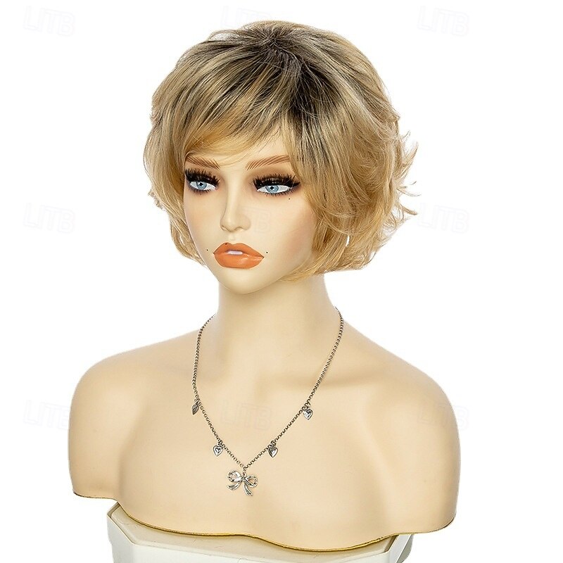 Short Blonde Pixie Cut Wigs with Bangs for White Women,Brown Ombre Blonde Wig Synthetic Wavy Curly Hair Wigs  Layered Natural Fluffy Heat Resistant3