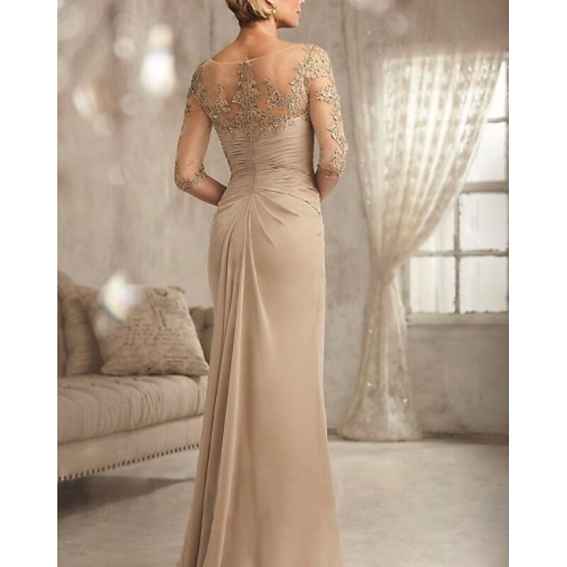 Sheath Mother of the Bride Dress Wedding Guest Plus Size Sexy See Through V Neck Floor Length Chiffon Lace Half Sleeve with Lace dress to impress3