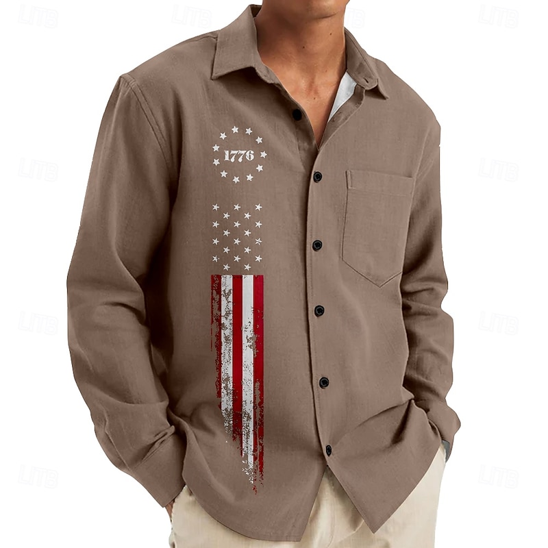 Men's American US Flag Patriotic Beach Shirt Button Up Shirt Long Sleeve Hawaiian Vacation Street Daily Fall Winter Spring & Summer Collared Shirts 3D Print Dark Red Black Light Brown Gray2