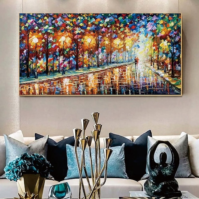 Handpainted Street Scenery Painting handmade pattle knife abstract rain day night painting wall art extra large wall art textured abstract canvas oil painting handpainted street lovers oil painting3