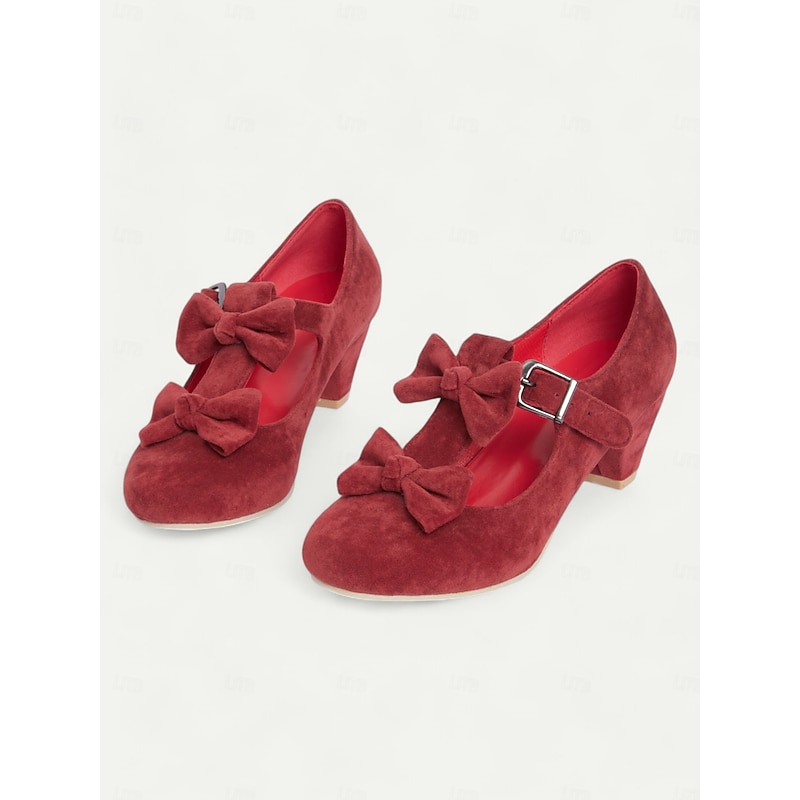 Women's Vintage Mary Jane Heels with Bowknot Decoration – Red Suede Chunky Mid Heel Shoes for Formal Events4