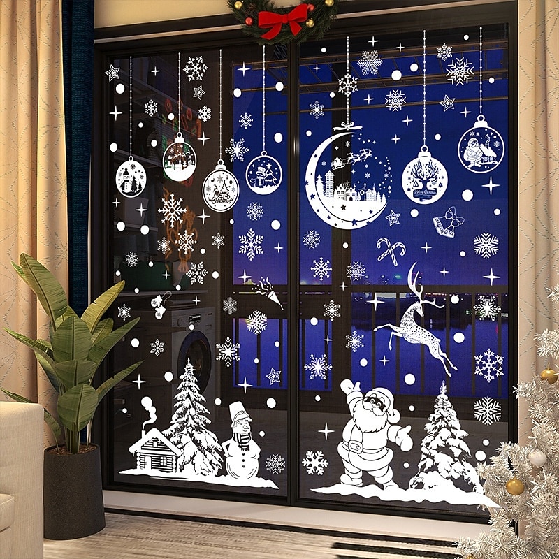 9 Sheets Christmas White Window Stickers – Santa Claus, Hanging Ornaments, Reindeer Static Clings for Shopping Mall and Glass Decoration4