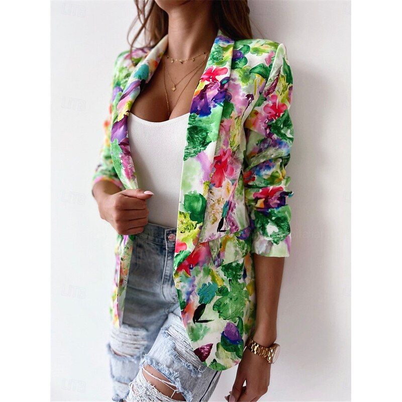Women's Blazer Work Print Floral Breathable OL Style Regular Fit Outerwear Long Sleeve Fall Pink M3