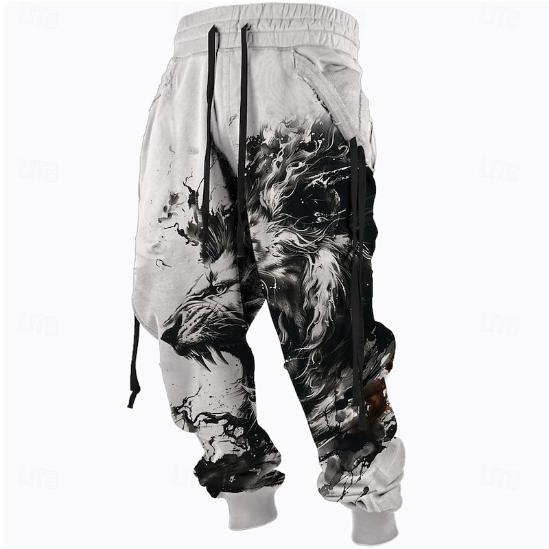 Men's Graphic Sweatpants Joggers Pants Trousers Mid Waist Drawstring Elastic Waist Vintage Casual Outdoor Street Dailywear Pocket Spring Fall Winter 3D Print Light Grey