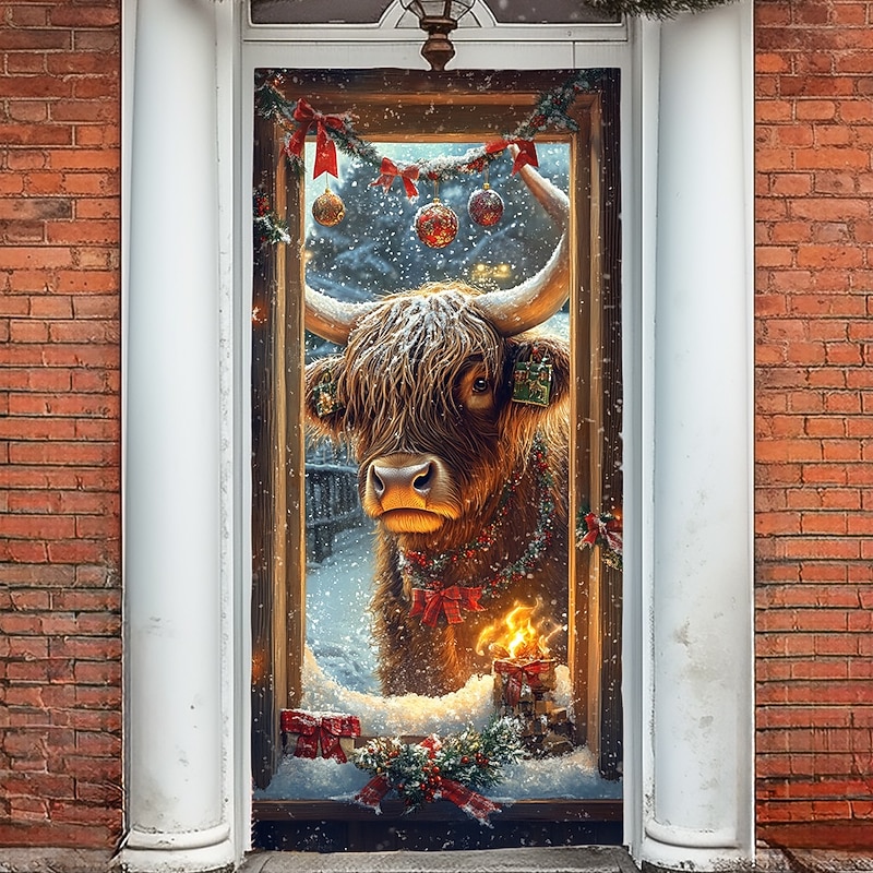 Christmas Door Decorations Door Covers Xmas Hat Door Tapestry Door Curtain Decoration Backdrop Indoor/Outdoor Door Banner for Front Door Farmhouse Highland Cattle4