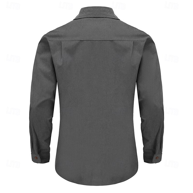 Men's Casual Shirt Corduroy Shirt Button Up Shirt Solid Color Street Daily Blue Brown Gray Long Sleeve Lapel Spring &  Fall Clothing Apparel Pocket3