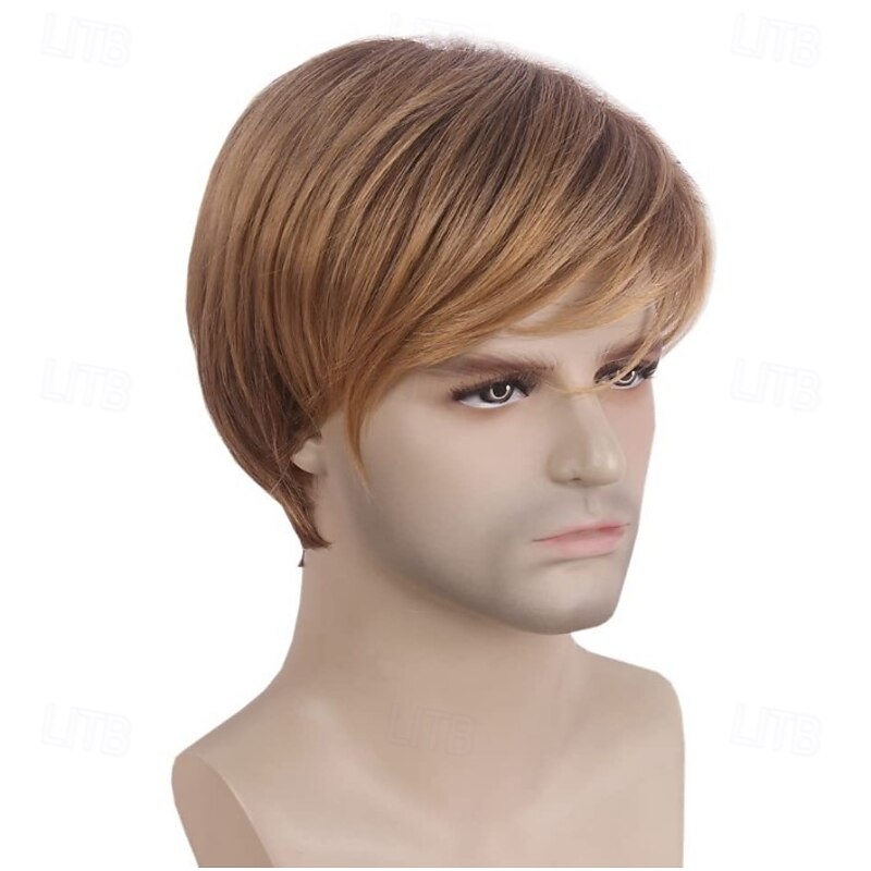 Synthetic Wig Straight With Bangs Wig Short Brown Blonde Synthetic Hair Men's Blonde Brown