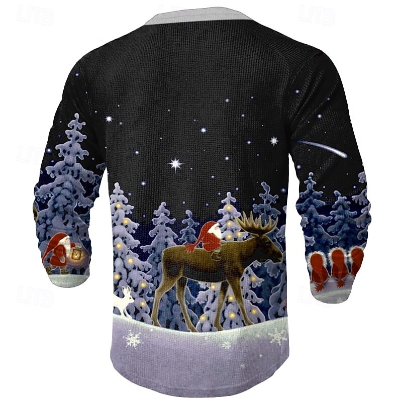 Christmas Men's Christmas Scene Henley T Shirt Santa Claus Deer Fashion Daily Funny Print Waffle Henley Long Sleeve Black Long Sleeve Henley Collar Zip Quarter Zip Winter Spring &  Fall2