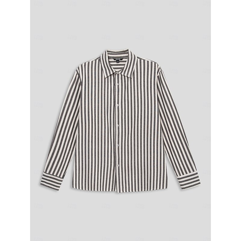 Men's Cotton Black Long Sleeve Striped Fold-over Collar School Formal Clothing Apparel Elegant Active Vacation Vintage3