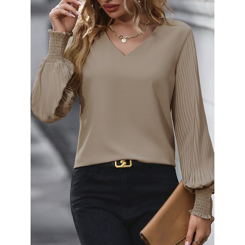 Women's Shirt Blouse Solid Color Basic Casual Long Sleeve V Neck Regular Tops Daily Pink Khaki Light Blue Fall Winter3