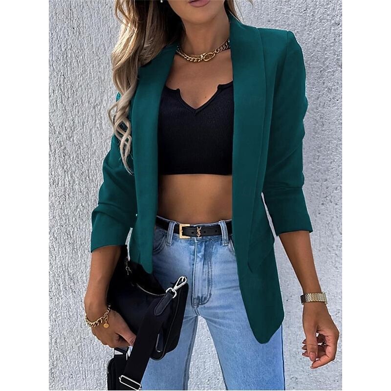 Women's Blazer Work Pocket Solid Color Breathable OL Style Regular Fit Outerwear Long Sleeve Fall Black S3