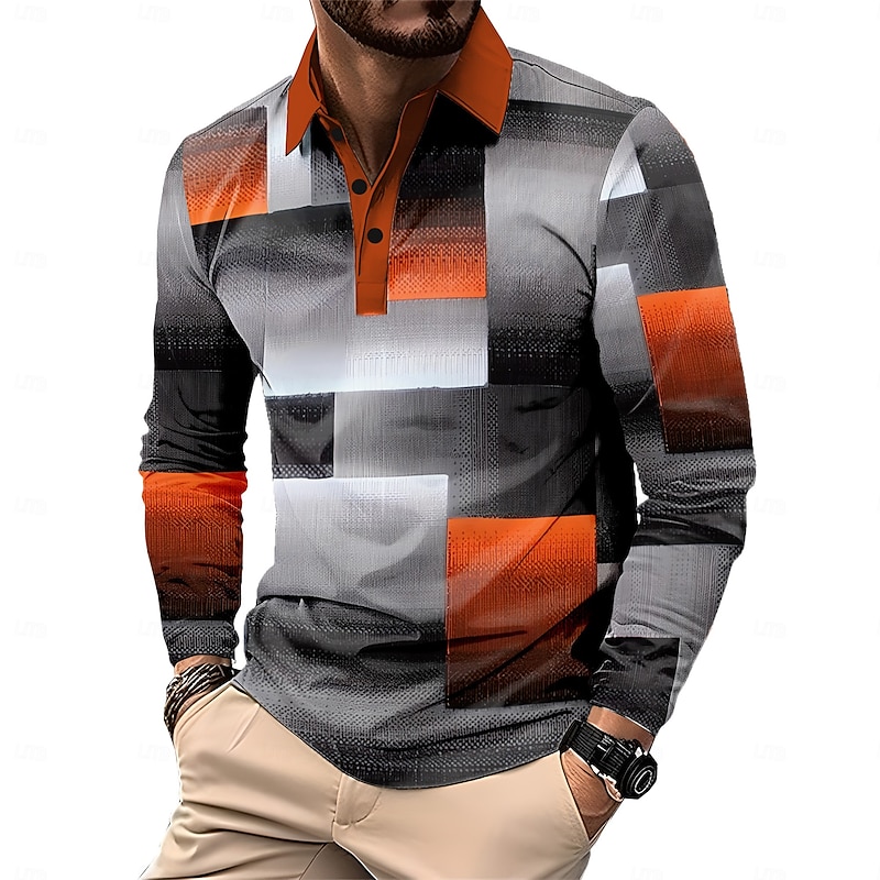 Men's Plaid Polo Shirts Golf Polos Shirts Long Sleeve Polo Shirts Collar Business Casual Formal Vacation Dailywear Outdoor clothing 3D Print Buttons Spring Fall & Winter Black Yellow Red3