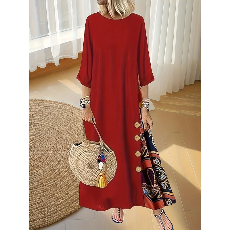 Women's Long Dress Maxi Dress Casual Dress Boho Dress Stylish Vacation Date Regular Fit Floral Crew Neck Black Red Fall