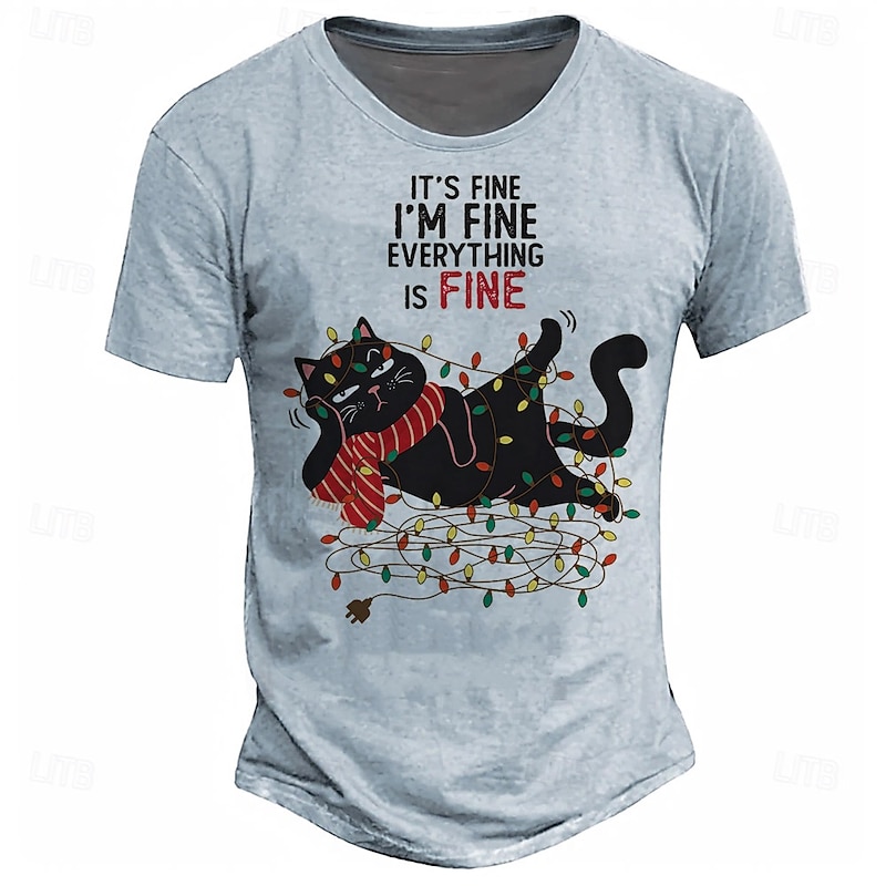 Christmas Men's Funny Christmas 3D T-shirts Cat Designer Casual Street Style 3D Print Tee Sports Outdoor Holiday Light Blue Beige Grey Short Sleeve Crew Neck Spring & Summer Clothing Apparel S M2