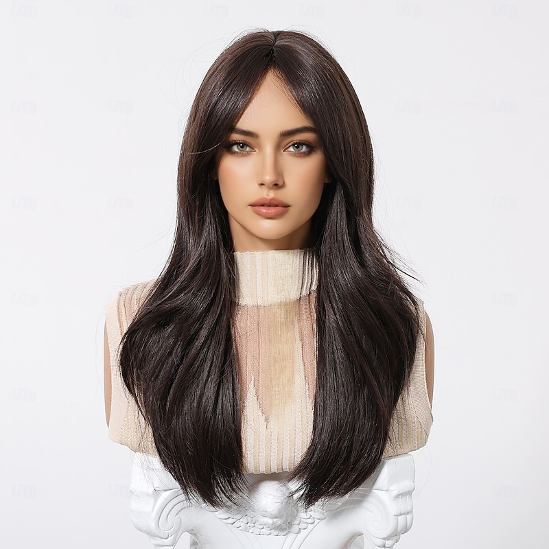 Synthetic Wig Uniforms Career Costumes Princess Straight kinky Straight Middle Part Layered Haircut Machine Made Wig 22 inch sepia Synthetic Hair Women's Cosplay Party Fashion Dark Brown3