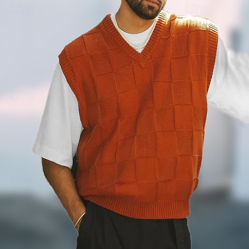 Men's Sweater Vest Pullover Sweater Jumper Ribbed Knit Regular Knitted Slim Fit Plain V Neck Modern Contemporary Work Daily Wear Clothing Apparel Fall Winter Black Royal Blue M L XL3