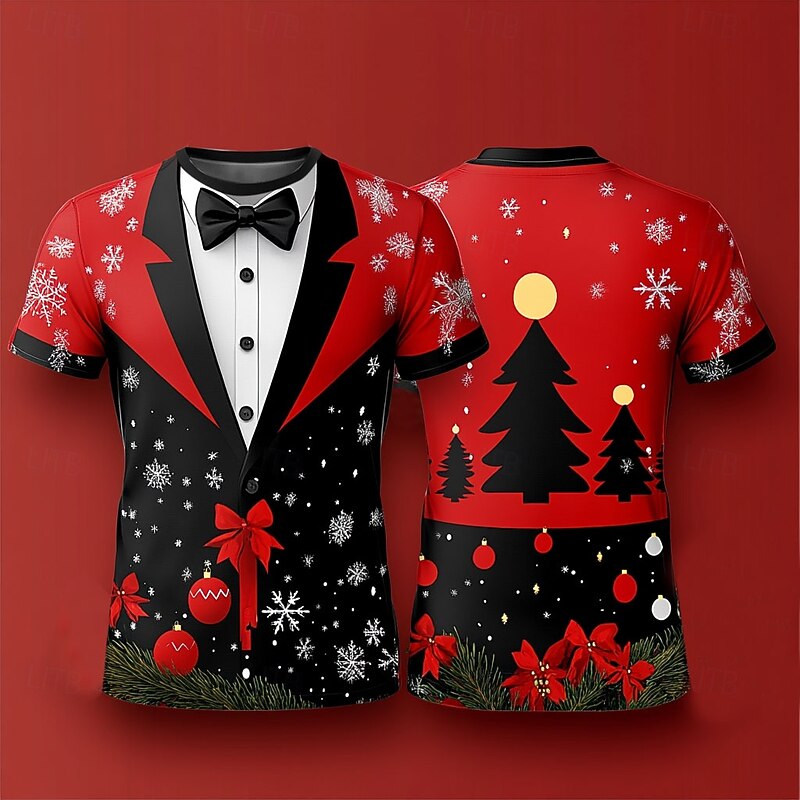 Christmas Men's Christmas Costume 3D T-shirts Tree Snowflake Fashion Casual 3D Print Tee Party Street Black / Red Black White Short Sleeve Crew Neck Summer Spring Clothing Apparel S M L XL XXL XXXL4