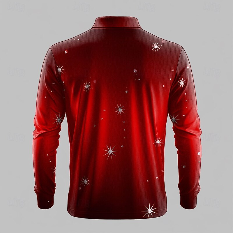 Christmas Men's Sparkly Polo Shirts Golf Polos Shirts Long Sleeve Polo Shirts Collar Casual Party Evening Wear Dailywear Vacation New Year Eve Buttons 3D Print Red2