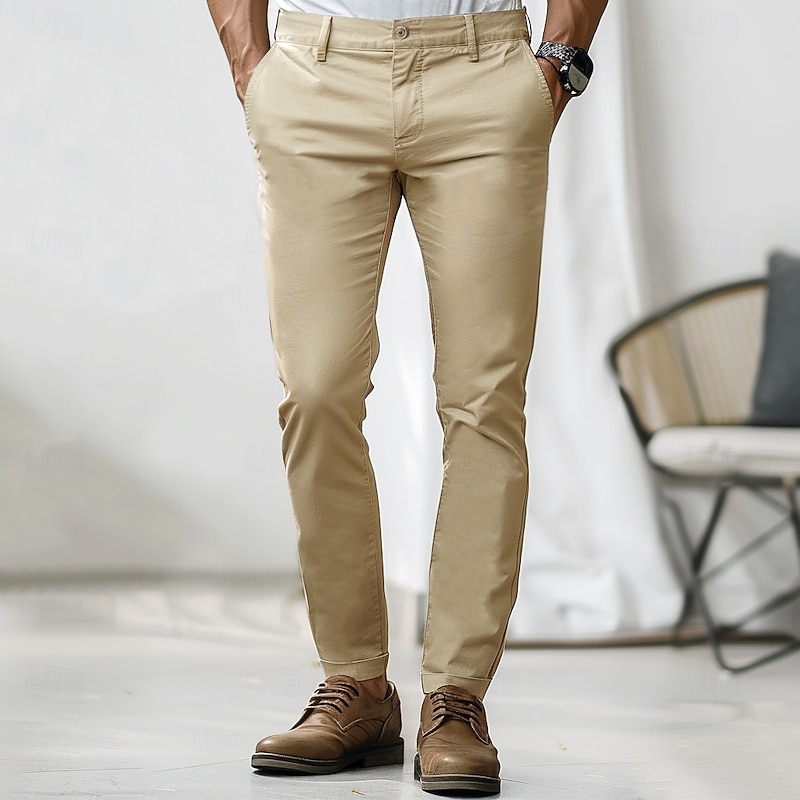 Men's Chinos Solid Color Full Length Outdoor Vacation Home Vacation Vintage Navy Blue Khaki Micro-elastic